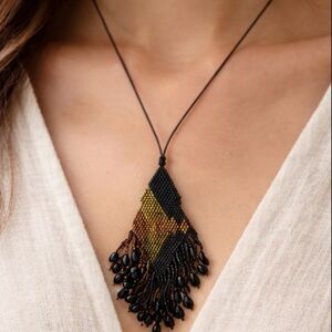 Handmade Boho Beaded Tassel Necklace – Black & Bronze Statement Pendant